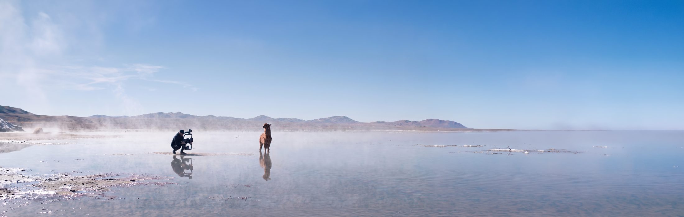 Cinematographer filming a llama on a misty salt flat